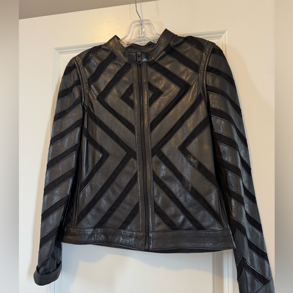 Black Geometric Leather Jacket - image 1